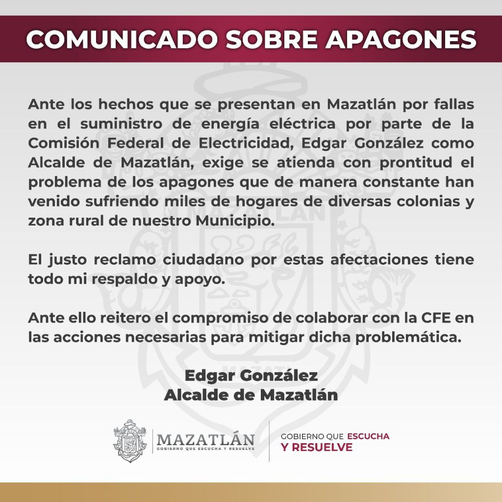 Mazatlán EXIGE a la CFE tomar acciones para resolver la crisis de los apagones 